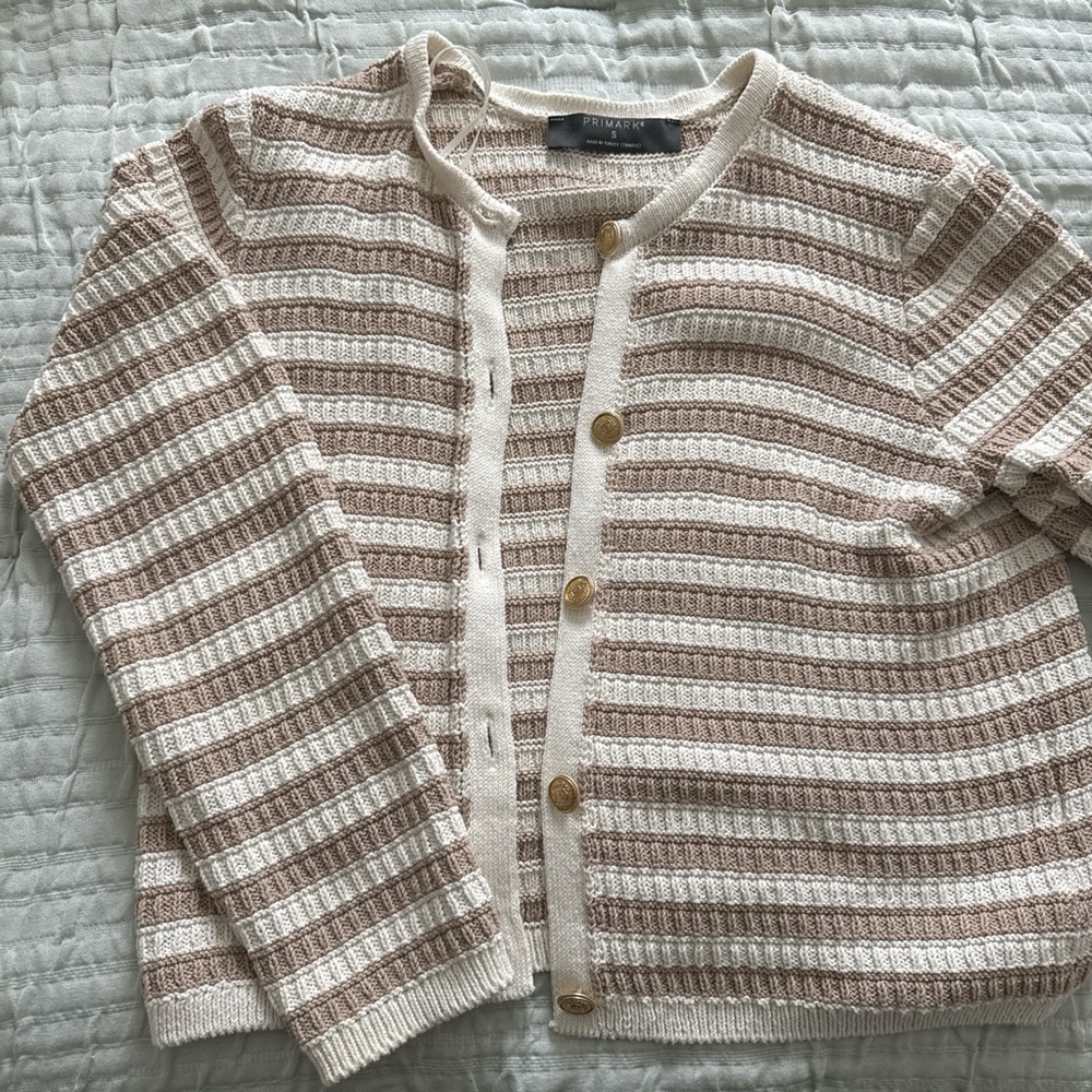 Elegant Striped Beige and White Cardigan